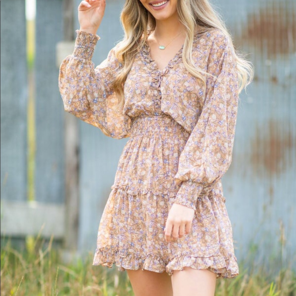 Net light brown Floral Print Tiered